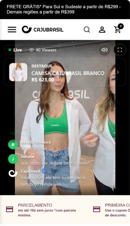 Live de moda dentro da página da loja, com card de produto, chat com dúvida respondida pela marca e rodapé de parcelamento